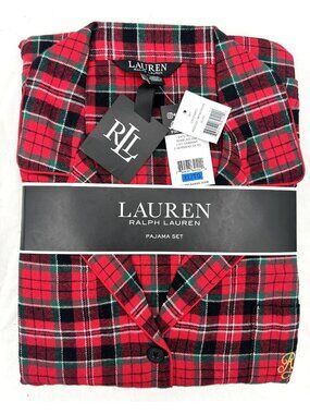 NWT Lauren Ralph Lauren Red Plaid Tartan Notch Collar Pajama Set Logo  Sz XL